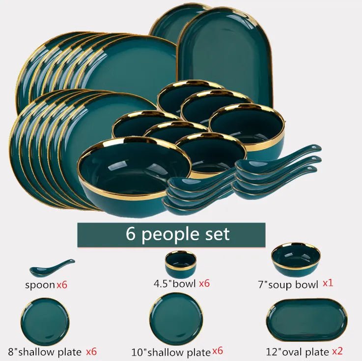 Gilt Rim Green Ceramic Plate Plates Bowls Ins Dinner Dish Luxurious Dinnerware - AURA