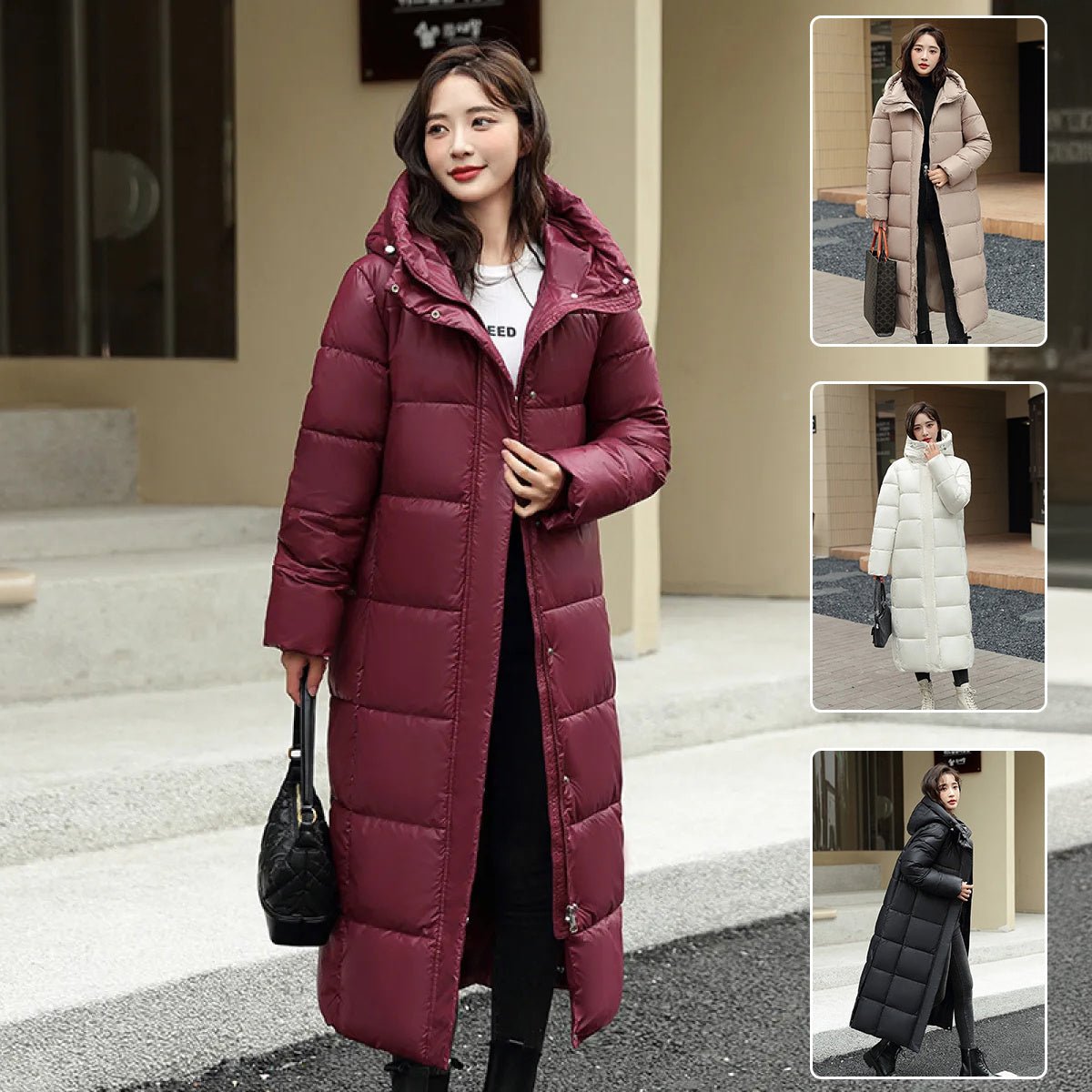 Women's Super Long Down Jacket Winter Puffer Thick Coat Black Red Hooded - AURA