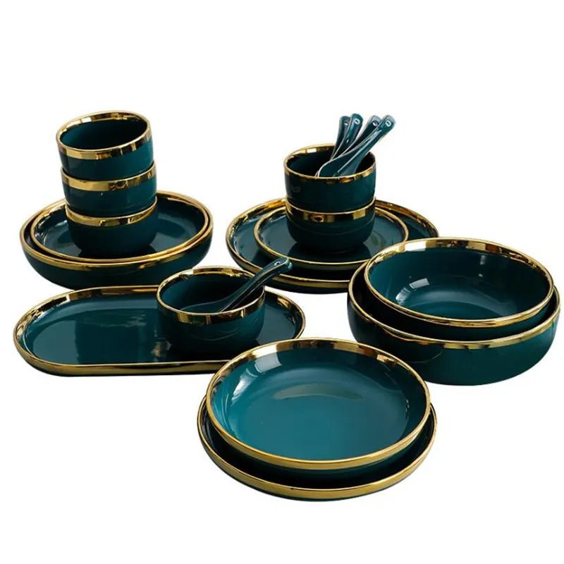 Gilt Rim Green Ceramic Plate Plates Bowls Ins Dinner Dish Luxurious Dinnerware - AURA