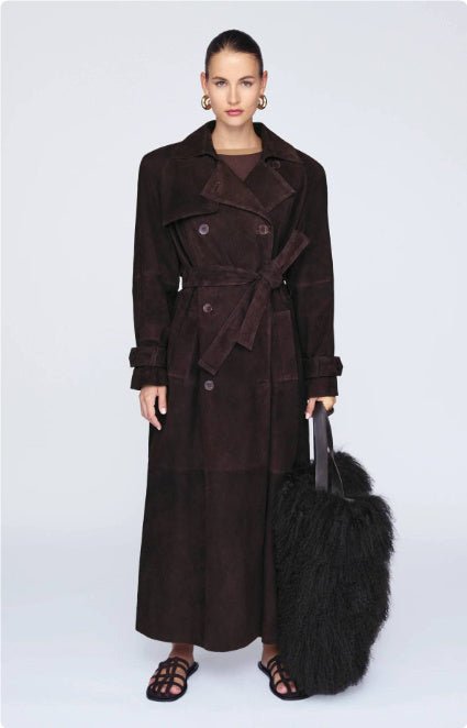 Double Breasted Lapel Shift Coat With Belt Fashion Vintage Suede Long Coat Winter - AURA