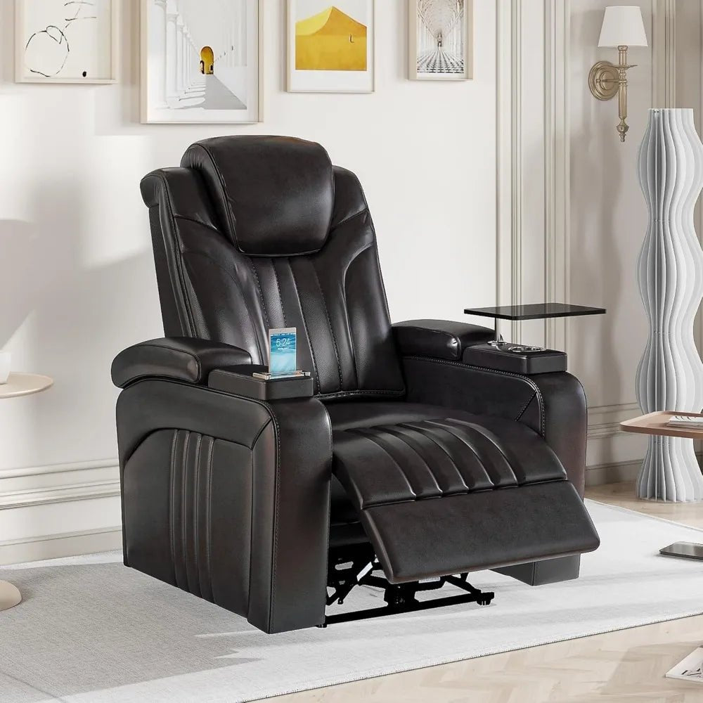 PU Leather Power Recliner Home Theater Recliner with Power Adjustable Headrest, Wireless Charging Device, USB Port, Storage Arms - AURA
