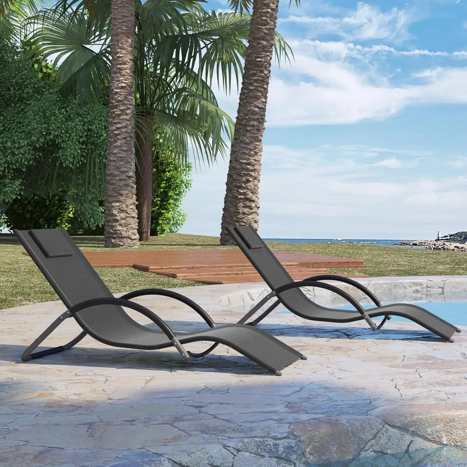 Set of 2 Outdoor Chaise Lounge Chairs, Iron Patio Loungers with Headrests – Ideal for Relaxation by The Pool, On The Balcony - AURA