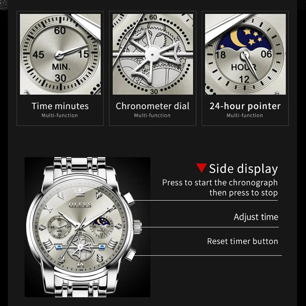 OLEVS 2856 Man Watch 24 Hour Moon Phase Chronograph (Waterproof) - AURA
