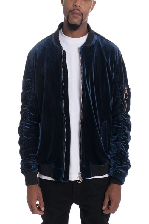 Velour Cinch Sleeve Bomber Jacket - AURA