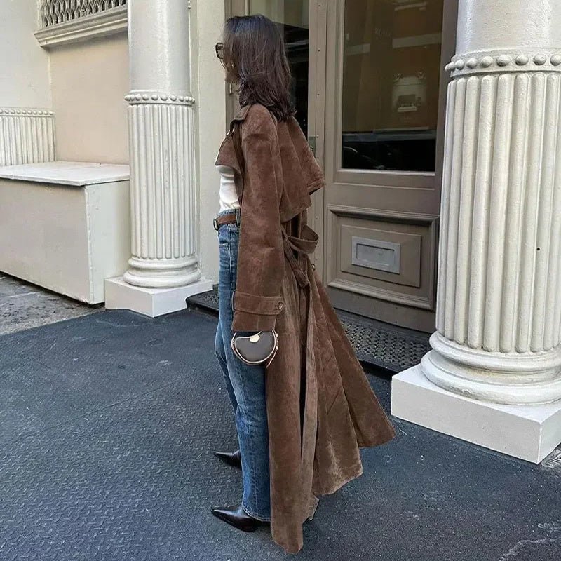 Double Breasted Lapel Shift Coat With Belt Fashion Vintage Suede Long Coat Winter - AURA