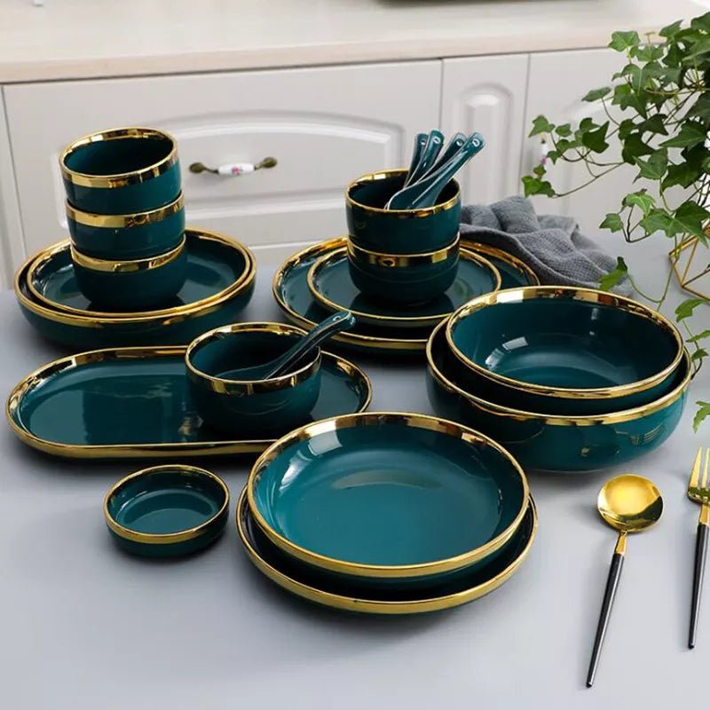 Gilt Rim Green Ceramic Plate Plates Bowls Ins Dinner Dish Luxurious Dinnerware - AURA