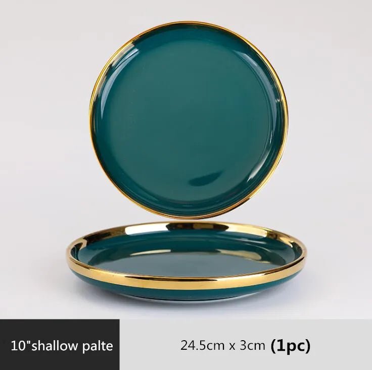 Gilt Rim Green Ceramic Plate Plates Bowls Ins Dinner Dish Luxurious Dinnerware - AURA
