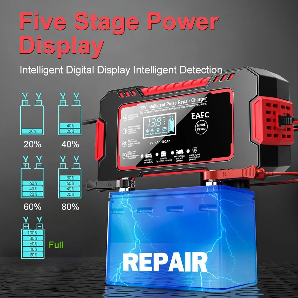 Car Battery Charger 12V 6A Pulse Repair LCD Display Smart Fast Charge AGM Deep Cycle - AURA