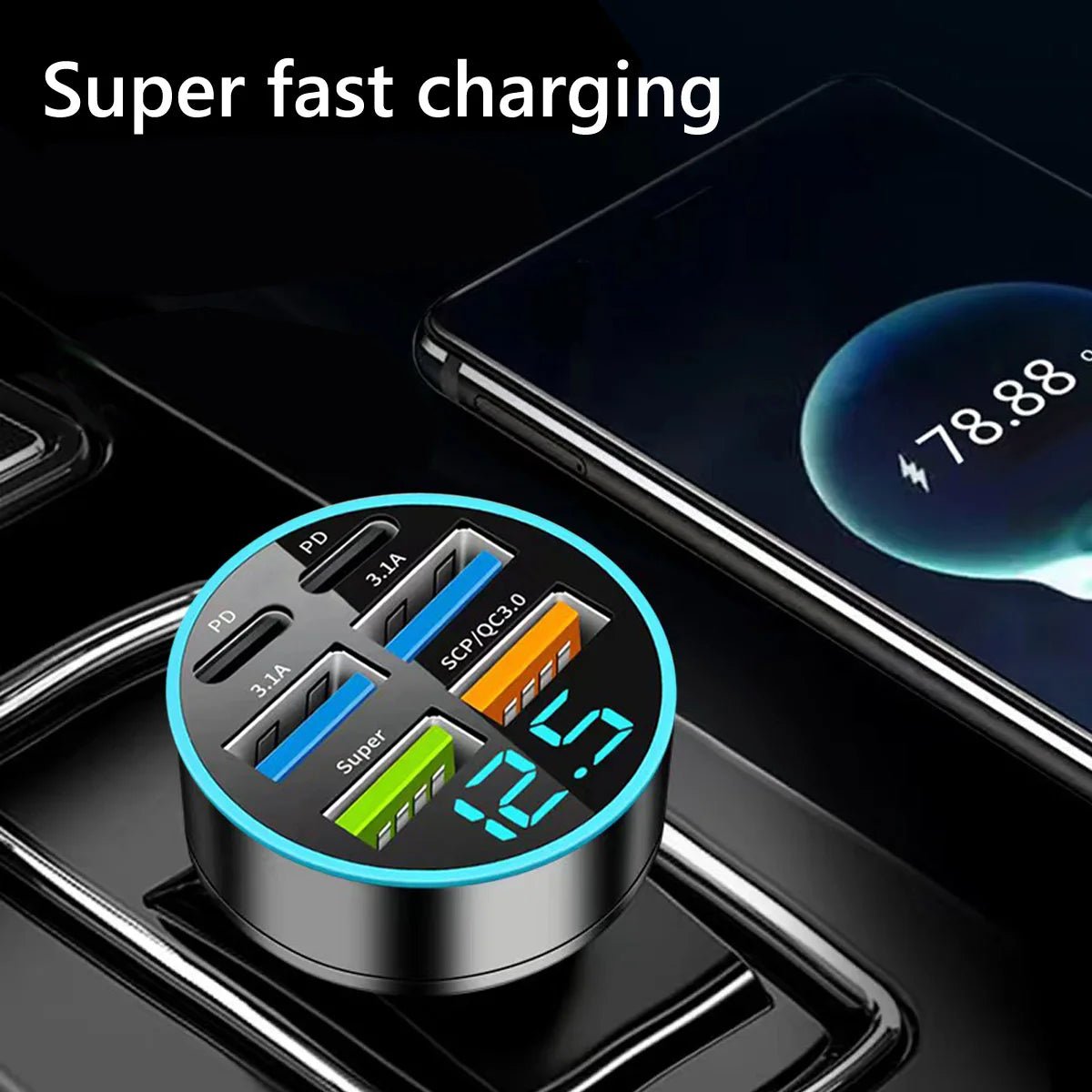 USB C Type C Car Charger 6 Ports USB Super Fast Charging Phone - AURA