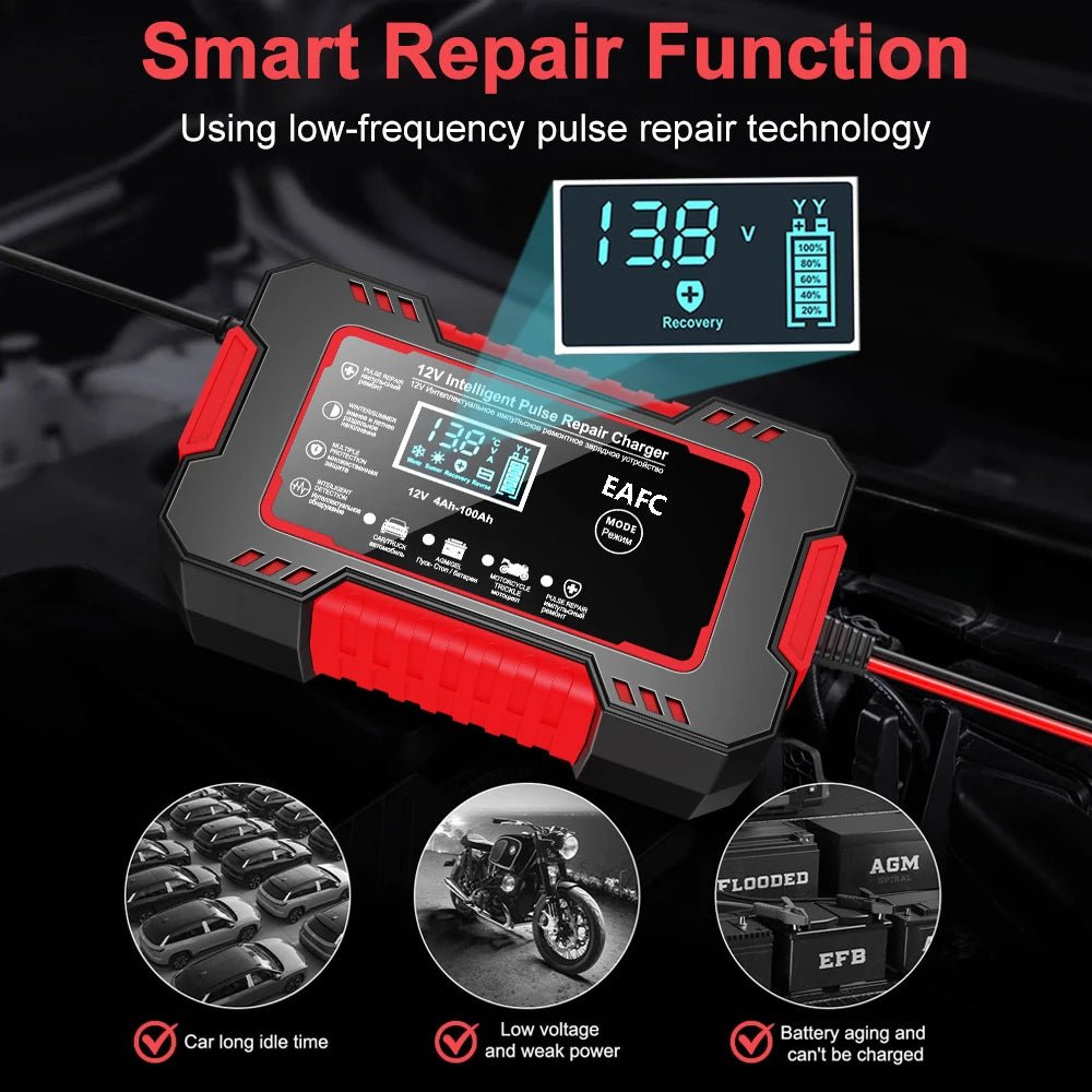 Car Battery Charger 12V 6A Pulse Repair LCD Display Smart Fast Charge AGM Deep Cycle - AURA