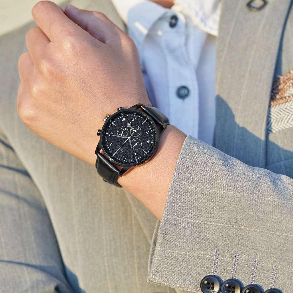 TRNDA Men's Stainless Steel Watch, Black Leather Band | TRN - 43BLK - AURA