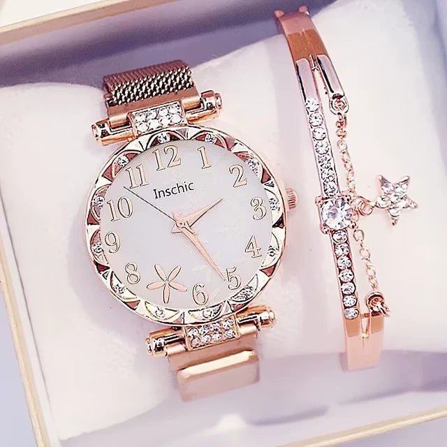 Women's Rhinestone Belt Quartz Watch Bracelet Set - AURA