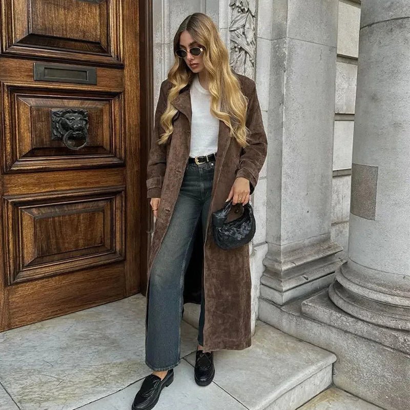 Double Breasted Lapel Shift Coat With Belt Fashion Vintage Suede Long Coat Winter - AURA