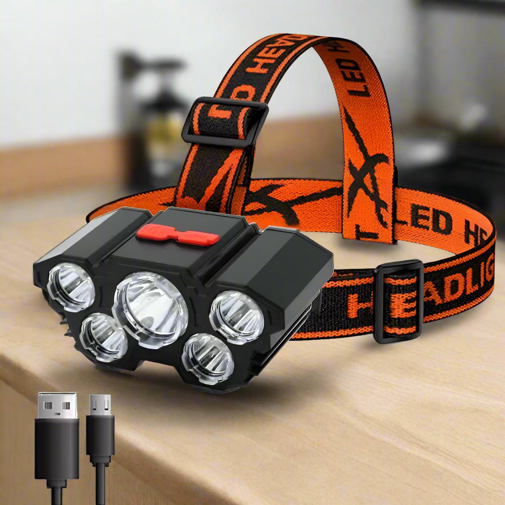 5 LED Flashlight Rechargeable with Built in Lithium Battery Strong Head Light - AURA