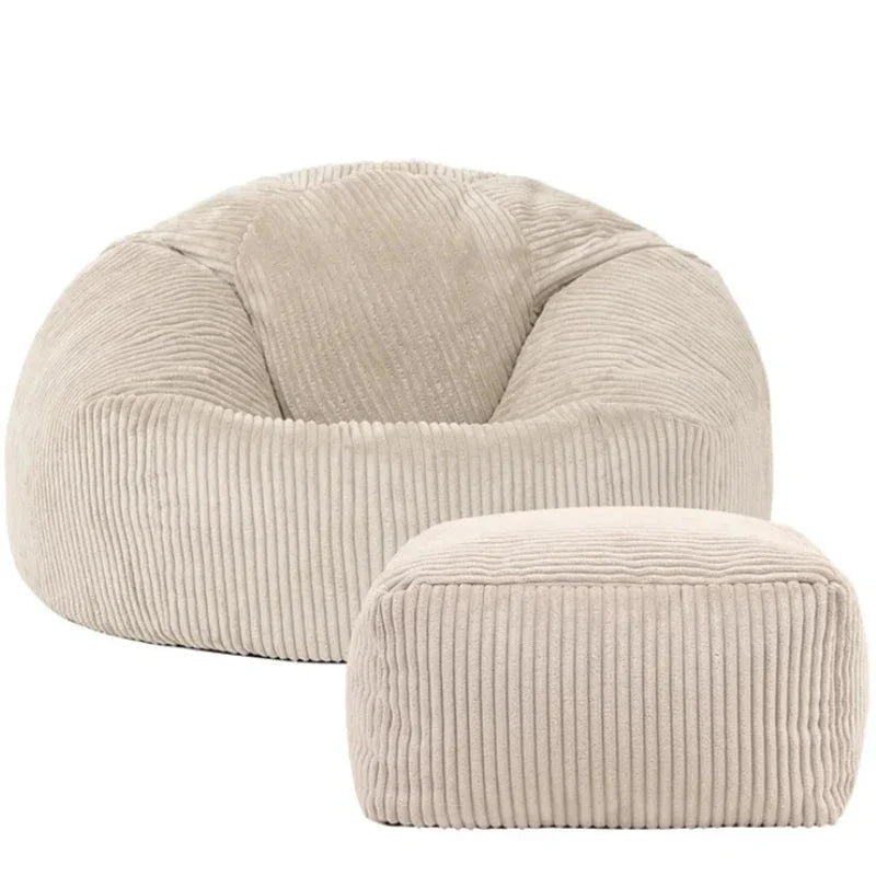2 - in - 1 Bean Bag Chair & Footstool Cover Set Flannel Corduroy No Filler Beige - AURA
