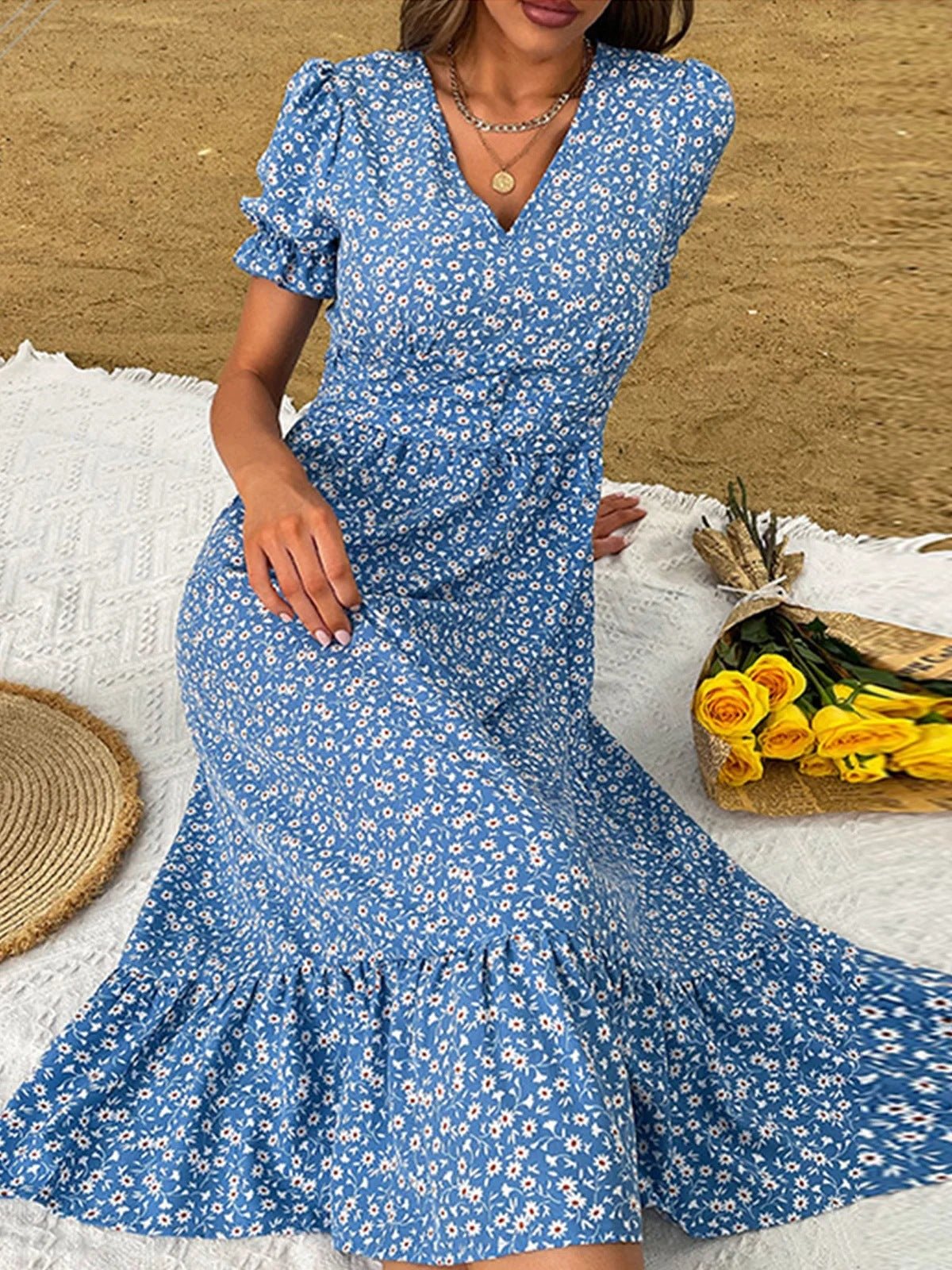 V - neck Floral Tight Waist Women's Full - length Dress - AURA