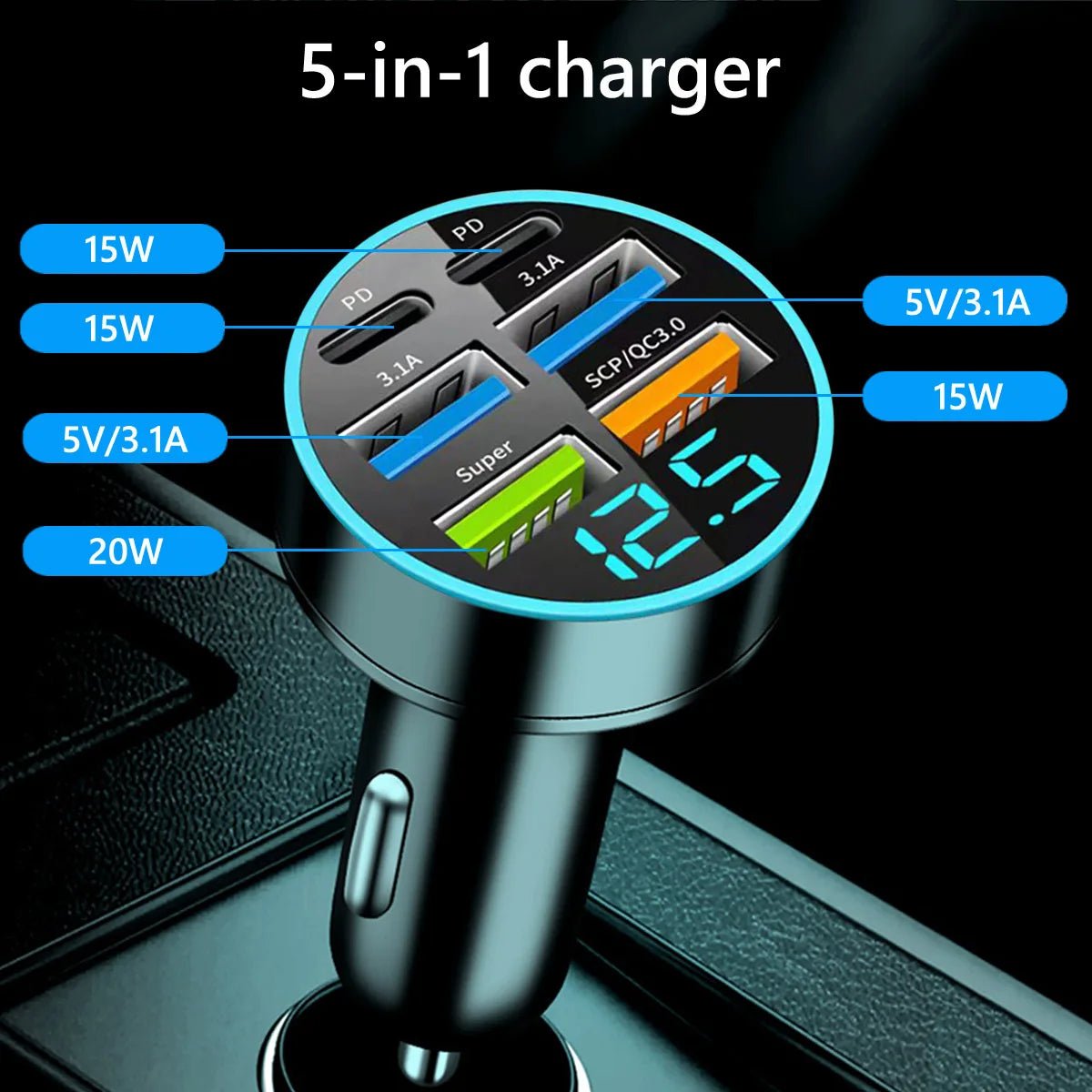 USB C Type C Car Charger 6 Ports USB Super Fast Charging Phone - AURA