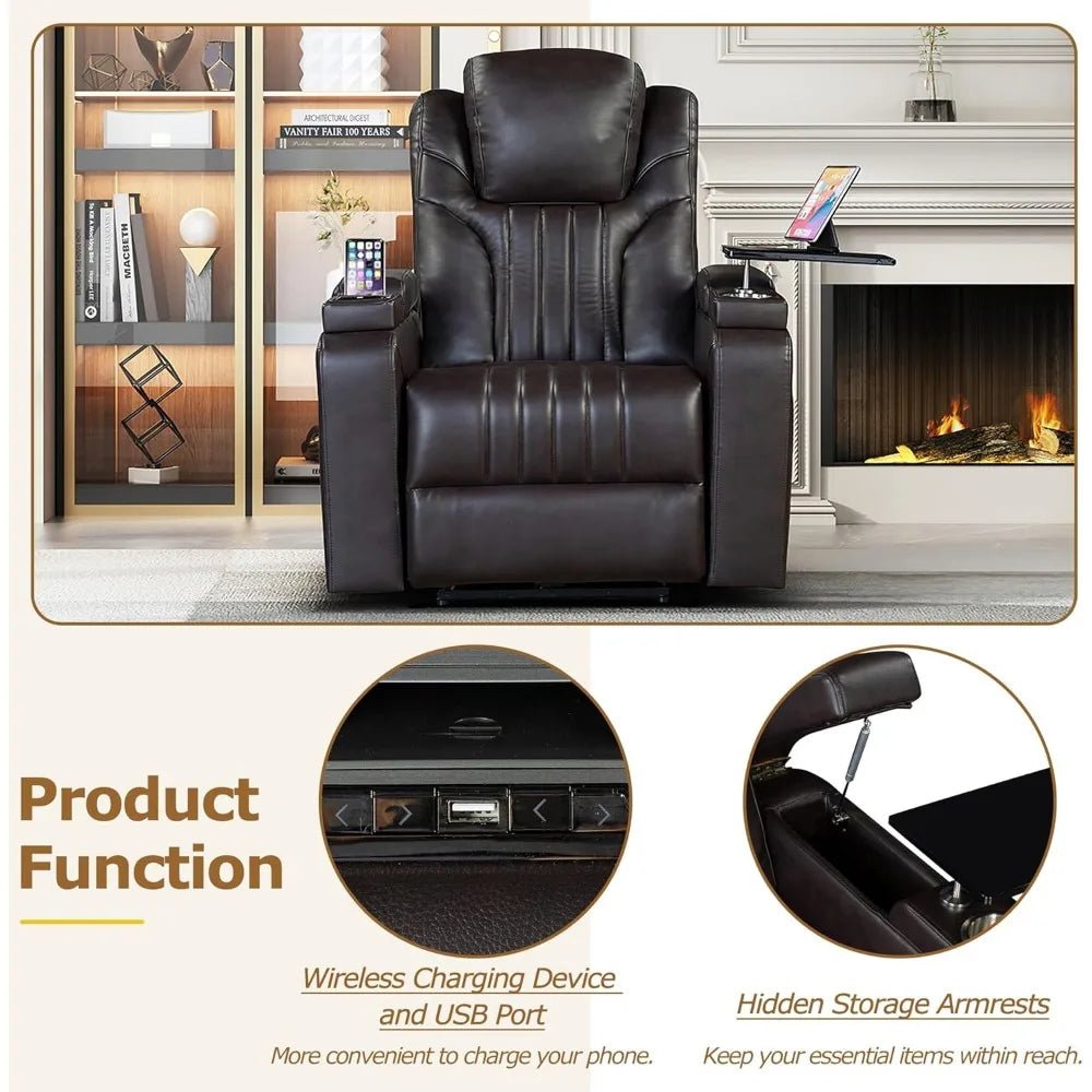 PU Leather Power Recliner Home Theater Recliner with Power Adjustable Headrest, Wireless Charging Device, USB Port, Storage Arms - AURA