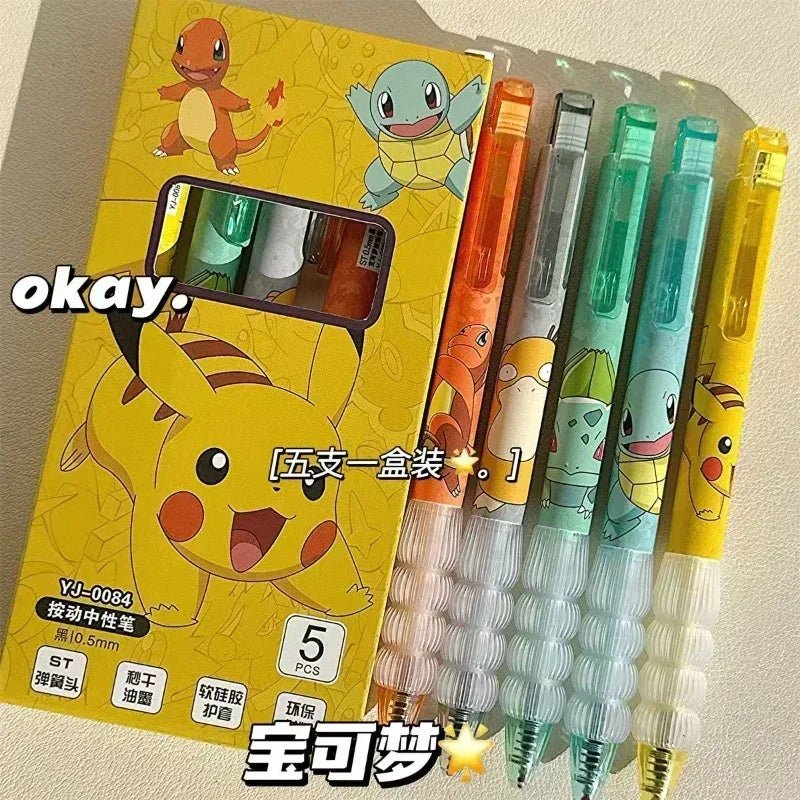 5pcs Pokemon Pikachu Gel Pen Cute Anime Cartoon Charmander Squirtle Press on Gel Pen - AURA