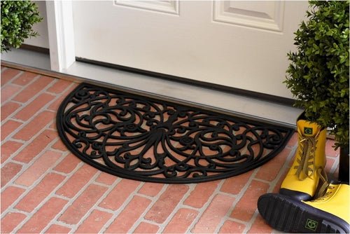 18" X 30" Black Rubber Scrollwork Welcome Outdoor Semi Circle Door Mat - AURA