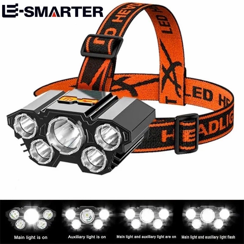 5 LED Flashlight Rechargeable with Built in Lithium Battery Strong Head Light - AURA