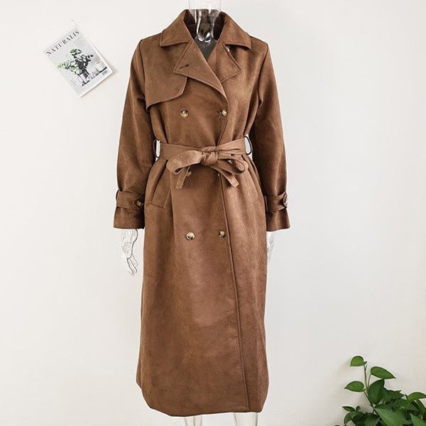 Double Breasted Lapel Shift Coat With Belt Fashion Vintage Suede Long Coat Winter - AURA