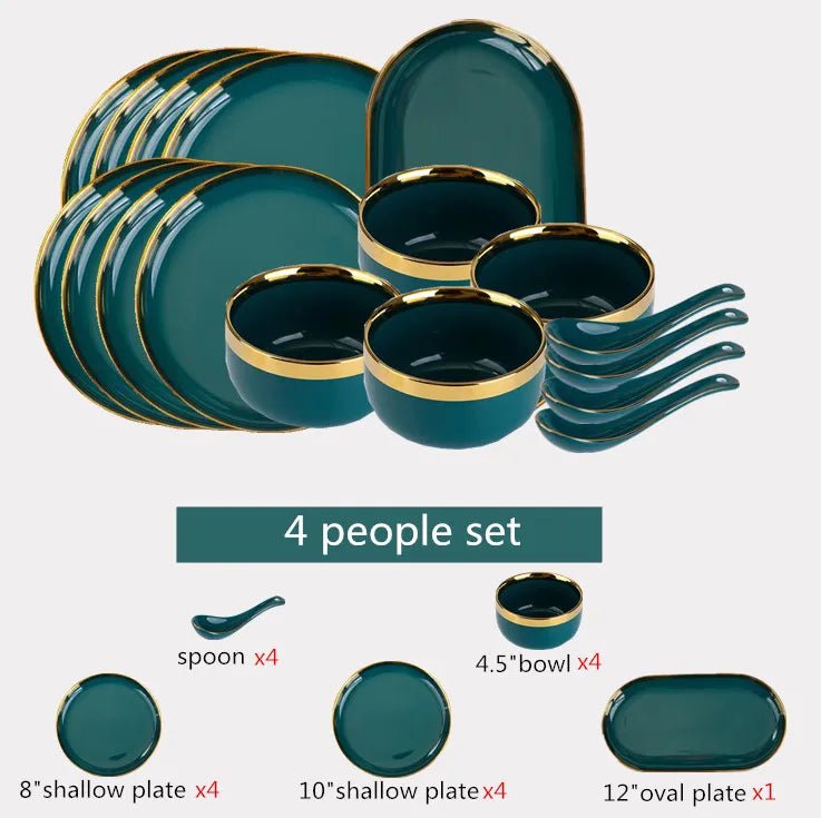 Gilt Rim Green Ceramic Plate Plates Bowls Ins Dinner Dish Luxurious Dinnerware - AURA