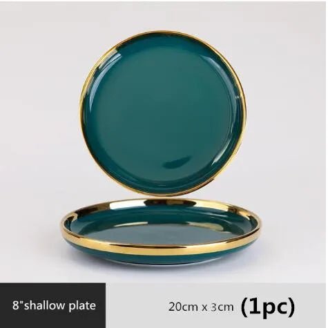 Gilt Rim Green Ceramic Plate Plates Bowls Ins Dinner Dish Luxurious Dinnerware - AURA