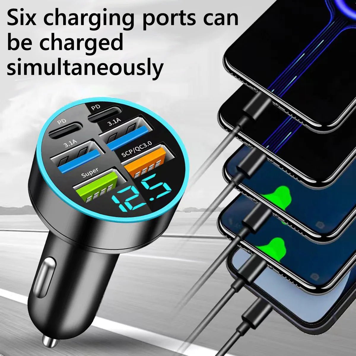 USB C Type C Car Charger 6 Ports USB Super Fast Charging Phone - AURA