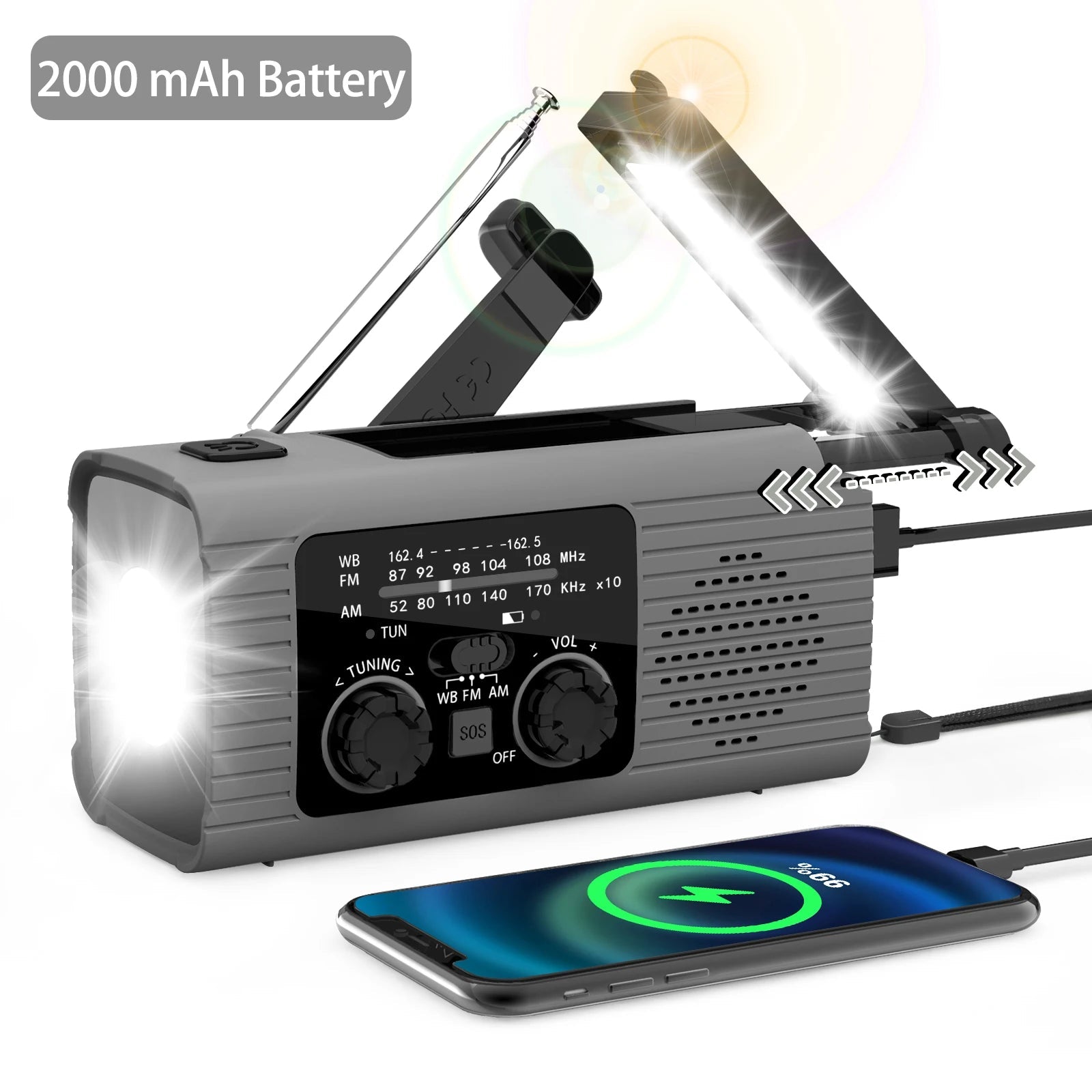 Solar rechargeable radio Radio with LED light Hand rechargeable emergency light - AURA